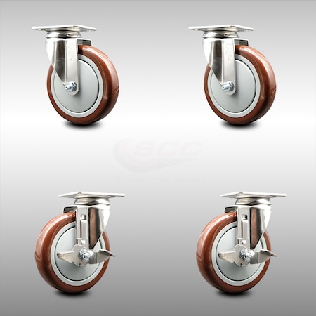 Service Caster 5 Inch 316SS Maroon Polyurethane Wheel Swivel Top Plate Caster Brakes SCC, 2PK SCC-SS31620S514-PPUB-MRN-2-TLB-2